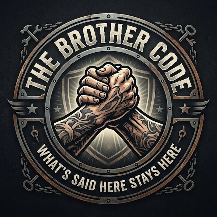 The Brother Code emblem: two tattooed forearms locked in a handshake inside a riveted steel ring